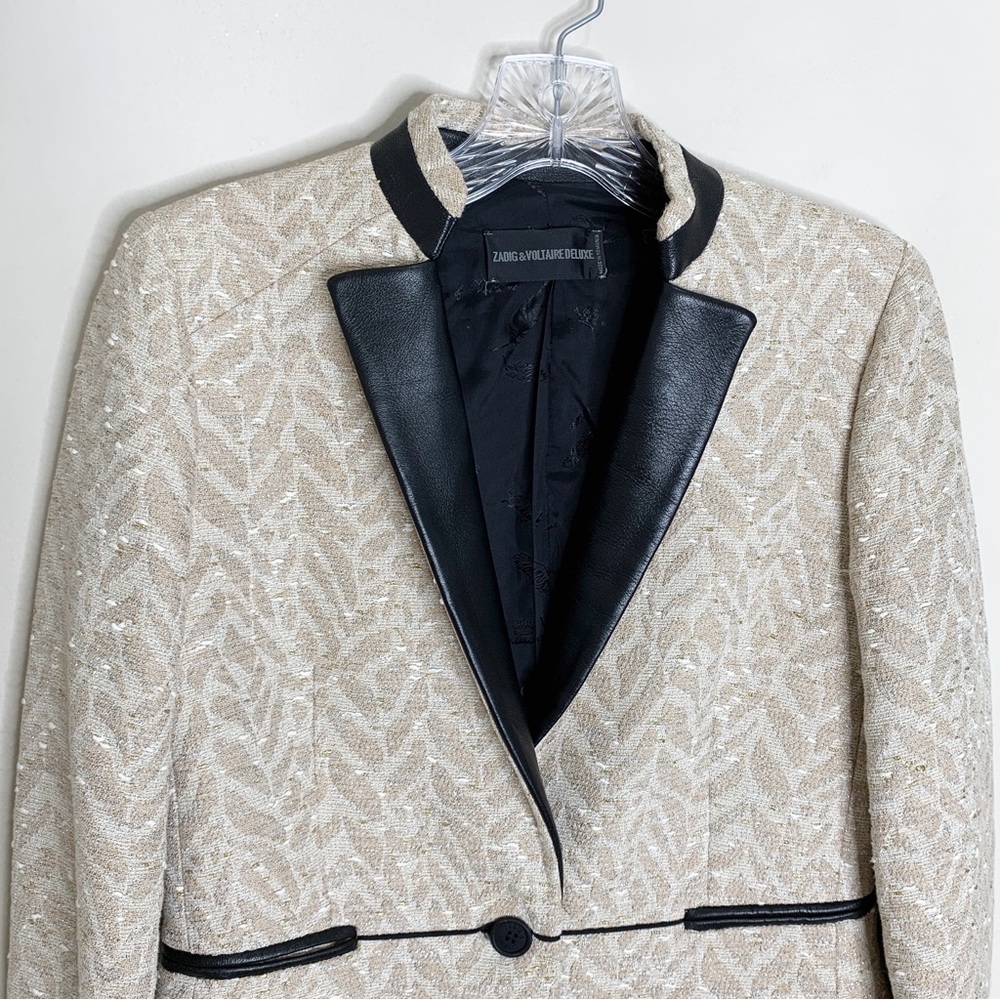 Zadig & Voltaire Victana Deluxe Blazer (Sz FR 36) Leather Trim Metallic Jacquard - Picture 4 of 16